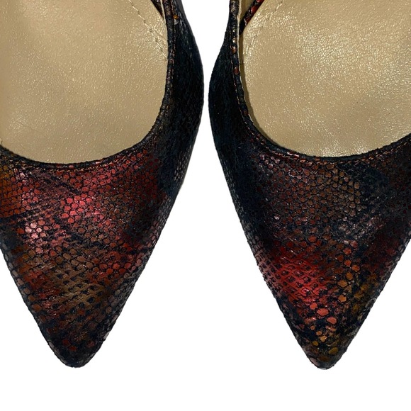 BCBGeneration Treasure Red Gold Leather Snake Print Heel Pointy Toe Pump sz 7.5 - Picture 5 of 13